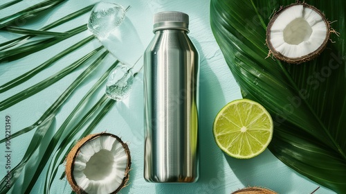 A zesty electrolyte drink with coconut water and lime, packaged in a reusable stainless steel bottle, perfect for athletes and outdoor enthusiasts who prioritize zero-waste packaging photo