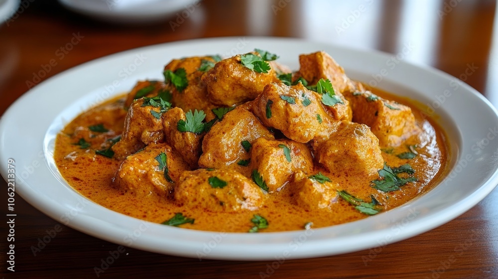 Plate of vibrant Indian butter chicken curry; uses warm, earthy palette Plate of vibrant Indian butter chicken curry; uses warm, earthy palette