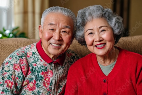 Portrait of joyful senior Asians on couch; home setting; warm palette 