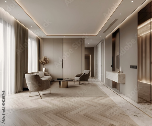 Aesthetic elegant minimalist modern interior design. Clear mock up empty wall for decoration in the apartment. Copy space in the room. Neutral palette of natural colors.