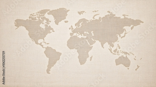 world map embroidered on beige linen fabric texture background