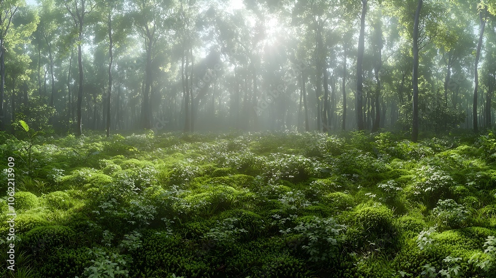A serene forest scene bathed in soft light, showcasing lush greenery and dense moss covering the ground, evoking a sense of calm and connection with nature. A serene forest scene bathed in soft light, showcasing lush greenery and dense moss covering the ground, evoking a sense of calm and connection with nature.