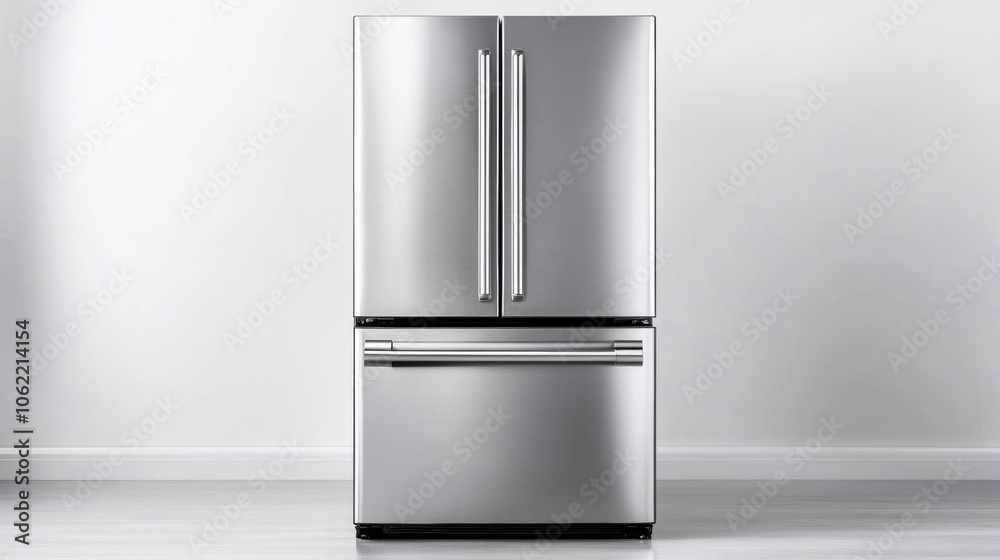 Sleek stainless steel refrigerator, isolated; modern design Use light palette 