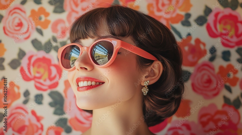 Smiling woman wearing pink sunglasses against floral wall. Smiling woman wearing pink sunglasses against floral wall.