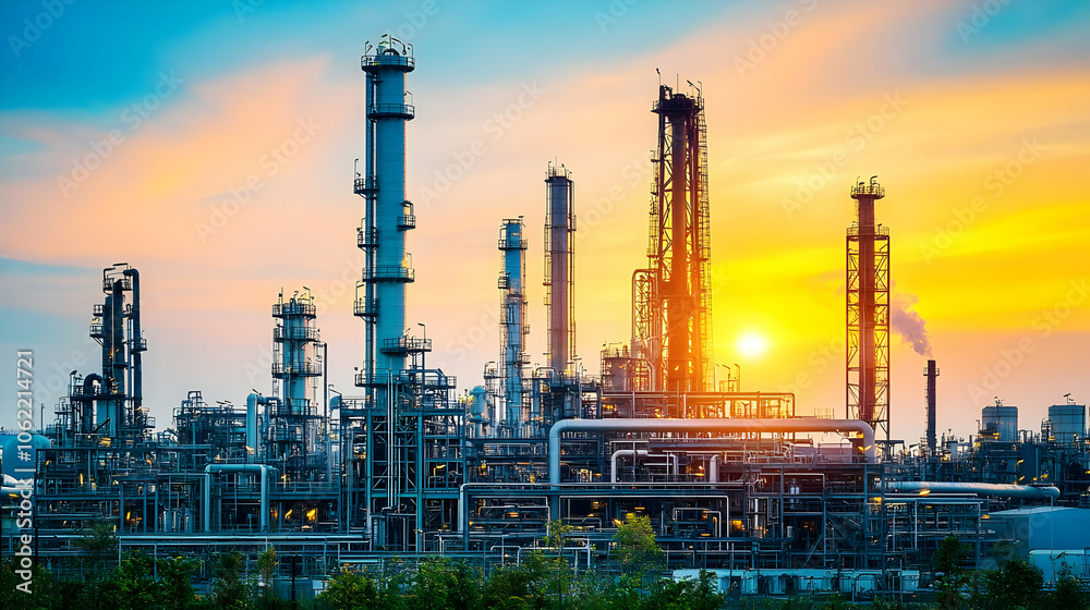 Industrial complex at sunset, showcasing towers and pipes against a colorful sky. AI Image Industrial complex at sunset, showcasing towers and pipes against a colorful sky. AI Image
