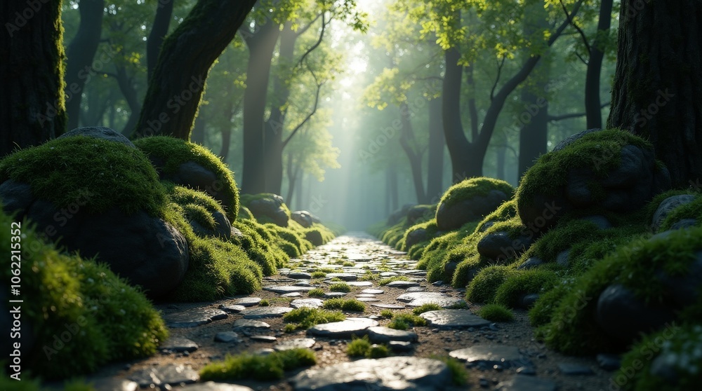 Enchanting Stone Pathway Through Ancient Forest with Hyper-Realistic Textures Enchanting Stone Pathway Through Ancient Forest with Hyper-Realistic Textures