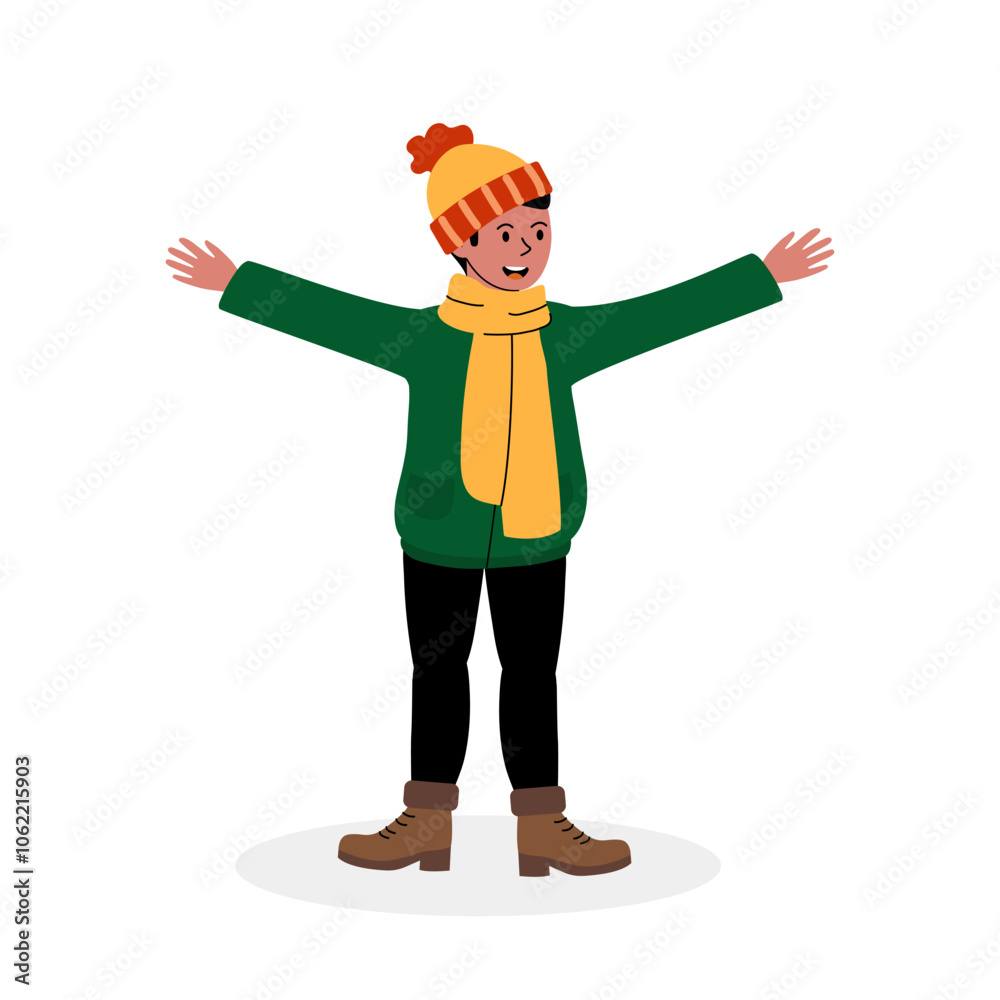 A cheerful individual in winter attire enjoys the cold outdoors with open arms A cheerful individual in winter attire enjoys the cold outdoors with open arms