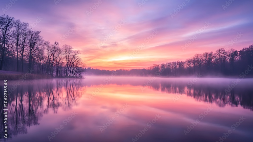 Fototapeta premium A vibrant, colorful sunrise over a tranquil lake with a clear area for text 