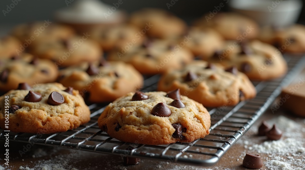 Freshly Baked Chocolate Chip Cookies Cooling on Wire Rack with Ingredients Nearby Freshly Baked Chocolate Chip Cookies Cooling on Wire Rack with Ingredients Nearby