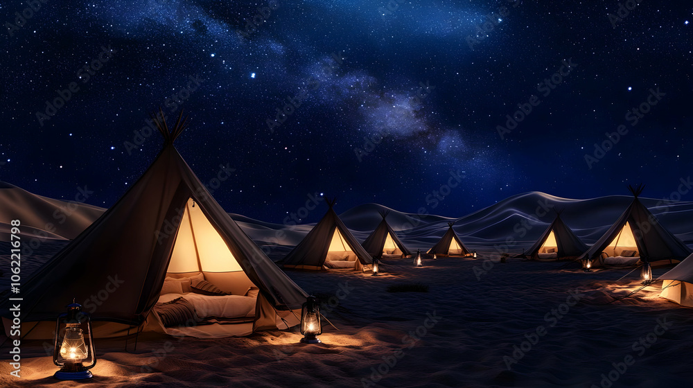 A serene desert campsite under a starry sky with illuminated tents and lanterns. AI Image