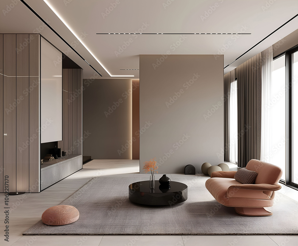 Aesthetic elegant minimalist modern interior design. Clear mock up empty wall for decoration in the apartment. Copy space in the room. Neutral palette of natural colors. Aesthetic elegant minimalist modern interior design. Clear mock up empty wall for decoration in the apartment. Copy space in the room. Neutral palette of natural colors.