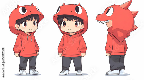 Three views of a cartoon child wearing a red hoodie with a dragon-like hood. photo