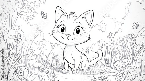 A cartoon cat with big eyes sits in a meadow with flowers and butterflies. Coloring book illustration.