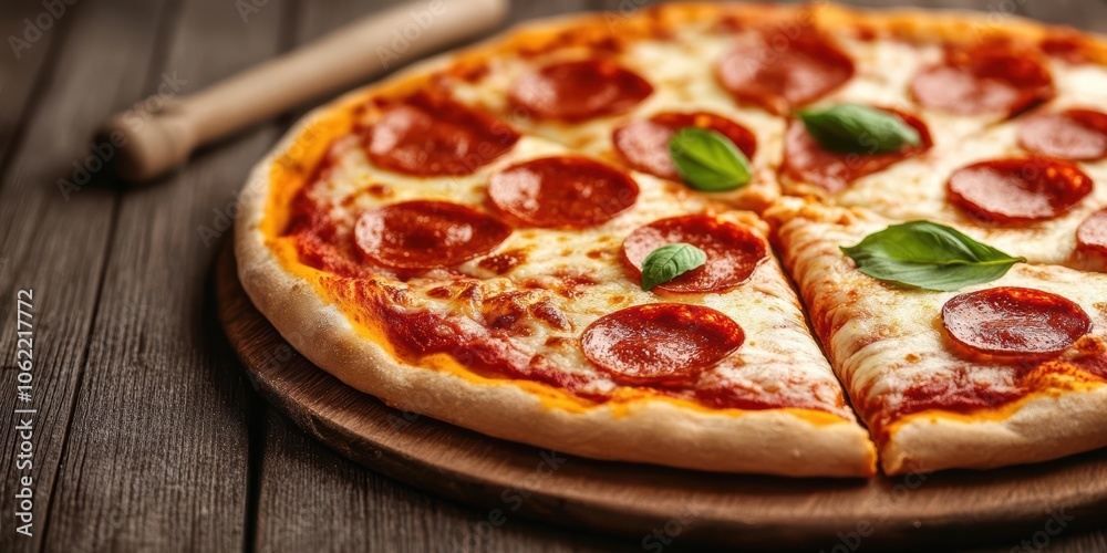 A delicious pepperoni pizza topped with fresh basil, served on a wooden board. Perfect for sharing with friends or family during a meal or celebration. A delicious pepperoni pizza topped with fresh basil, served on a wooden board. Perfect for sharing with friends or family during a meal or celebration.