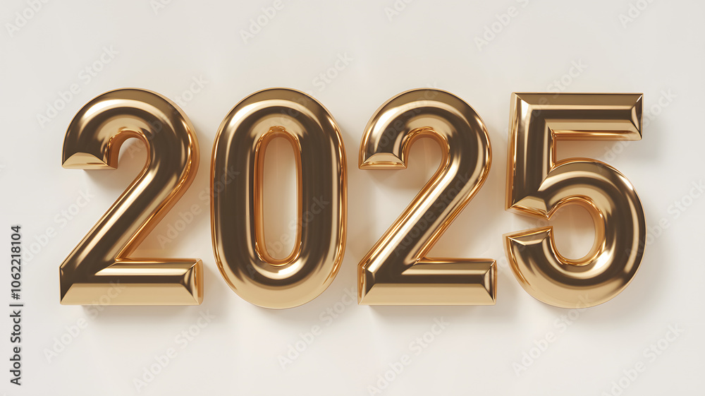 3D metallic gold numbers spelling out '2025' against a white background. The entire number sequence should be visible and centered in the frame. 3D metallic gold numbers spelling out '2025' against a white background. The entire number sequence should be visible and centered in the frame.