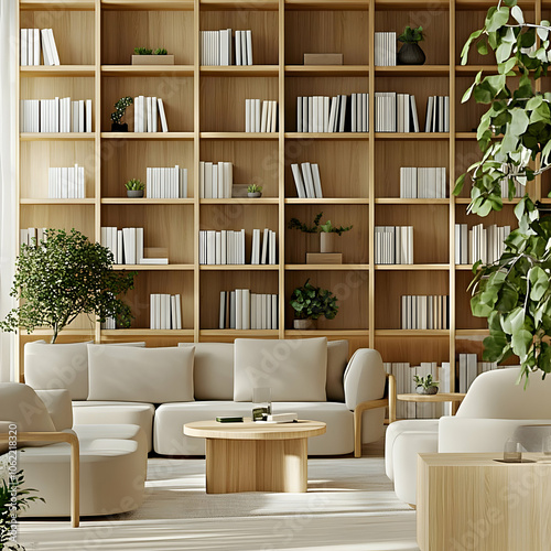 Wallpaper Mural Modern, minimalist living area with bookshelves and plants for relaxation and reading. AI Image Torontodigital.ca