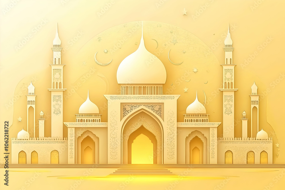 A stylized illustration of a mosque with domes and minarets against a soft yellow background. AI Image A stylized illustration of a mosque with domes and minarets against a soft yellow background. AI Image