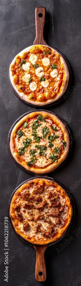 A trio of delicious pizzas featuring unique toppings, stacked on wooden serving boards. Perfectly baked crust with vibrant ingredients showcased on a dark background. A trio of delicious pizzas featuring unique toppings, stacked on wooden serving boards. Perfectly baked crust with vibrant ingredients showcased on a dark background.