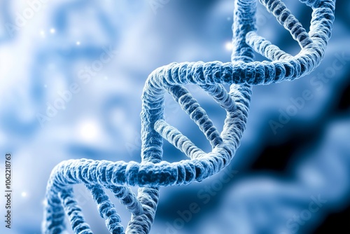 Blue-toned DNA double helix, emphasizing genetic code and molecular structure. This striking image reflects scientific advancement in genetics and biotechnology