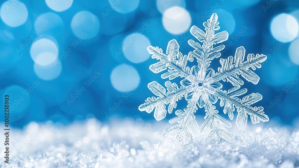Snowflake on white snow, sparkling blue background bokeh. Snowflake on white snow, sparkling blue background bokeh.