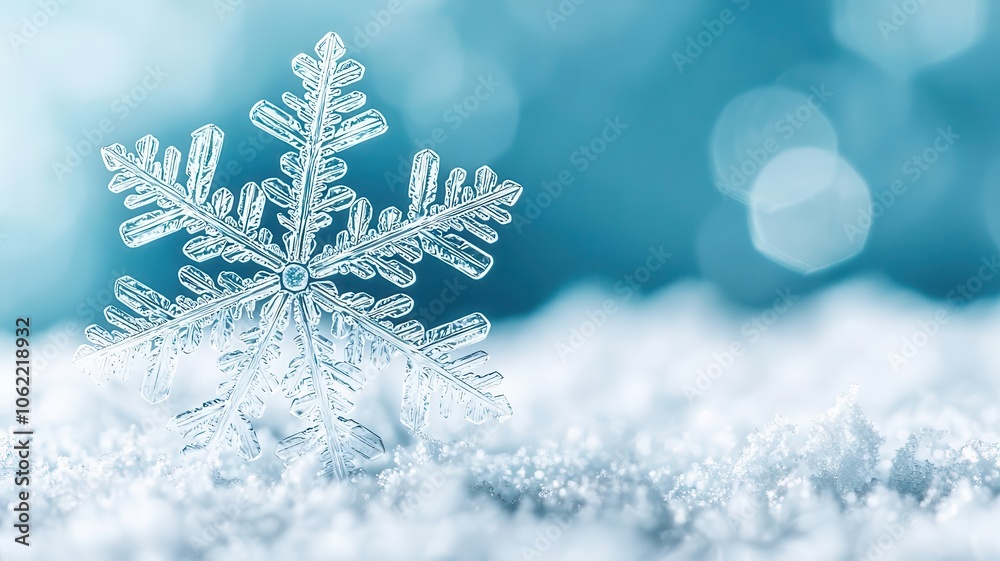 Delicate snowflake on soft, white snow with a cool blue background.