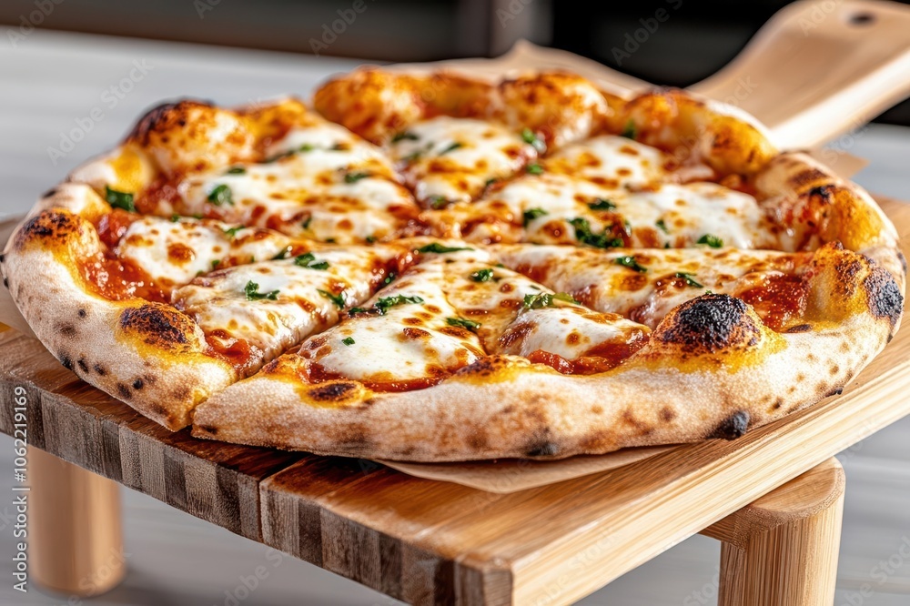 Delicious freshly baked pizza topped with melted cheese and herbs, presented on a wooden board. Perfect for showcasing Italian cuisine and culinary delights. Delicious freshly baked pizza topped with melted cheese and herbs, presented on a wooden board. Perfect for showcasing Italian cuisine and culinary delights.