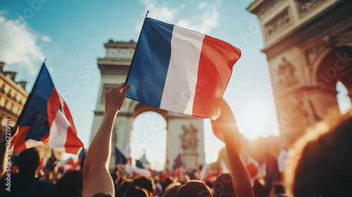 Fototapeta Naklejka Na Ścianę i Meble -  french flag waving in front of arc de triomphe in paris
