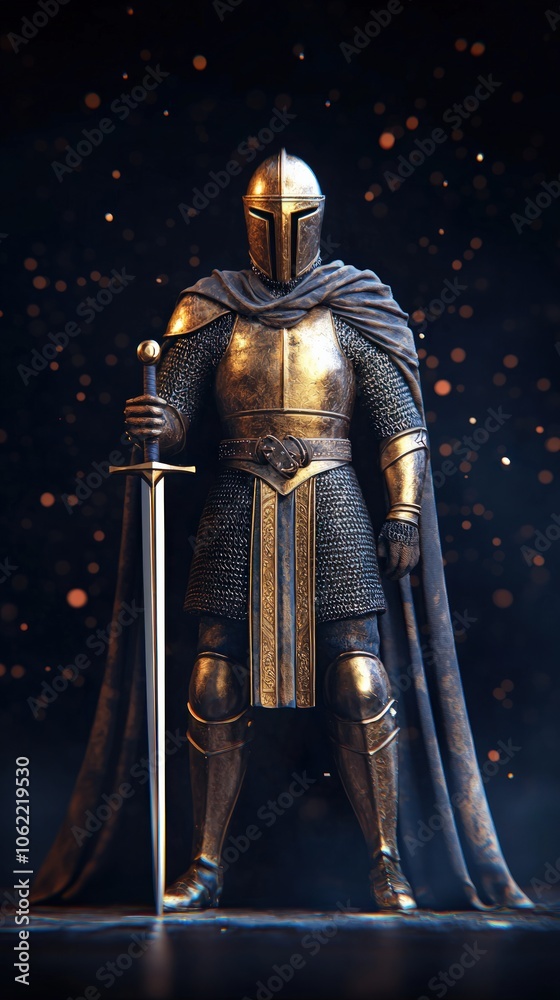 Fototapeta premium The Knight Stands Resolute Brandishing His Sword Against the Shadows of Darkness in a Glorious Display of Valor and Strength