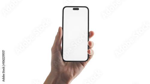 A human hand holding a modern black smartphone with a completely white blank screen against a pure white background.