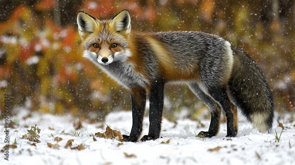 Fototapeta premium A Curious Red Fox Stands on a Snowy Forest Floor in Winter, Surrounded by Falling Snowflakes and Vibrant Autumn Leaves