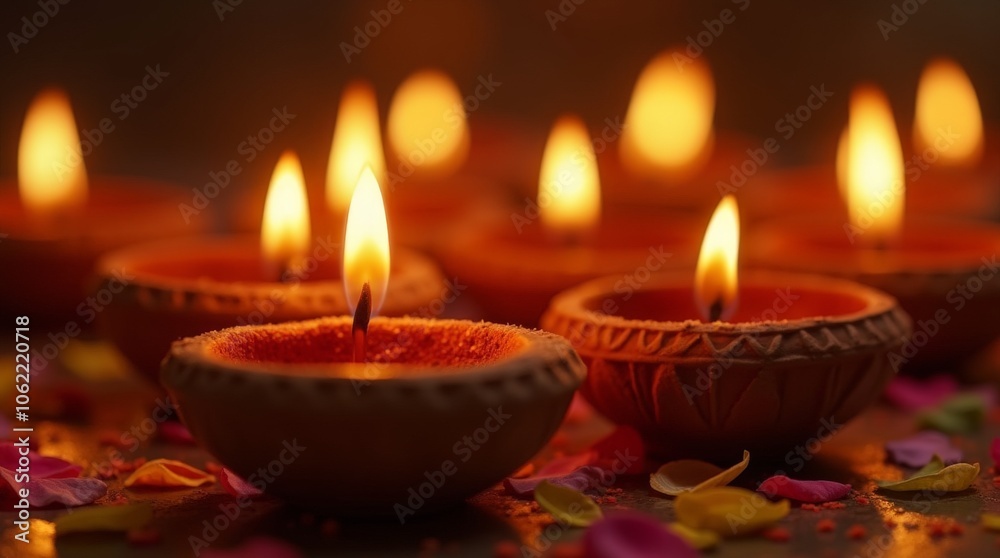 Traditional Diwali Diyas with Warm Glowing Flames and Colorful Flower Petals Traditional Diwali Diyas with Warm Glowing Flames and Colorful Flower Petals