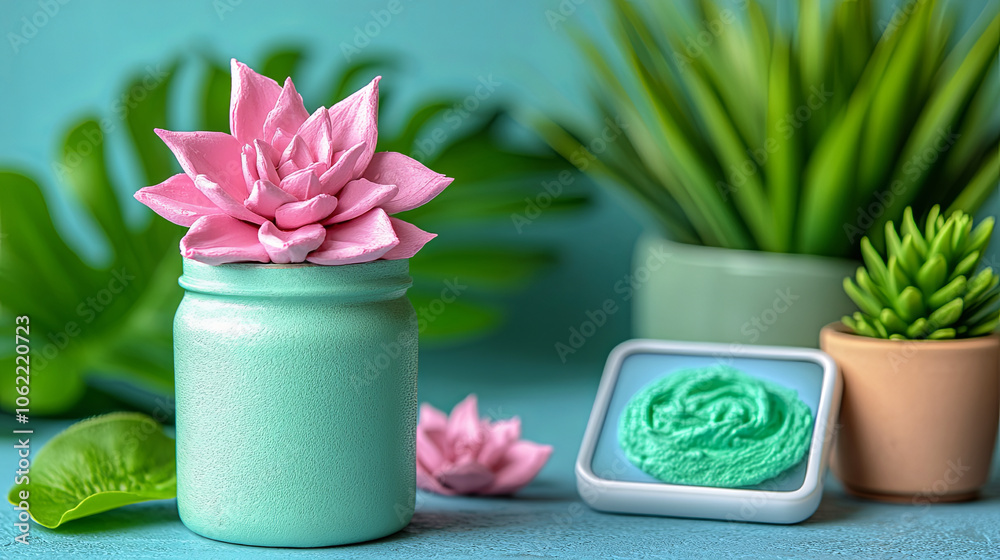 Decorative Pastel Containers With Pink Flower Arrangement and Green Decorations on a Blue Background, Showcasing Creative Home Decor Ideas Decorative Pastel Containers With Pink Flower Arrangement and Green Decorations on a Blue Background, Showcasing Creative Home Decor Ideas