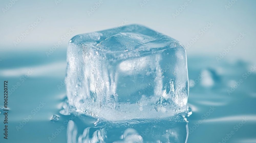 A Single Ice Cube Floating in Blue Water A Single Ice Cube Floating in Blue Water