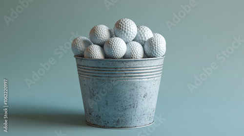 golf balls in rustic tin bucket on blue background