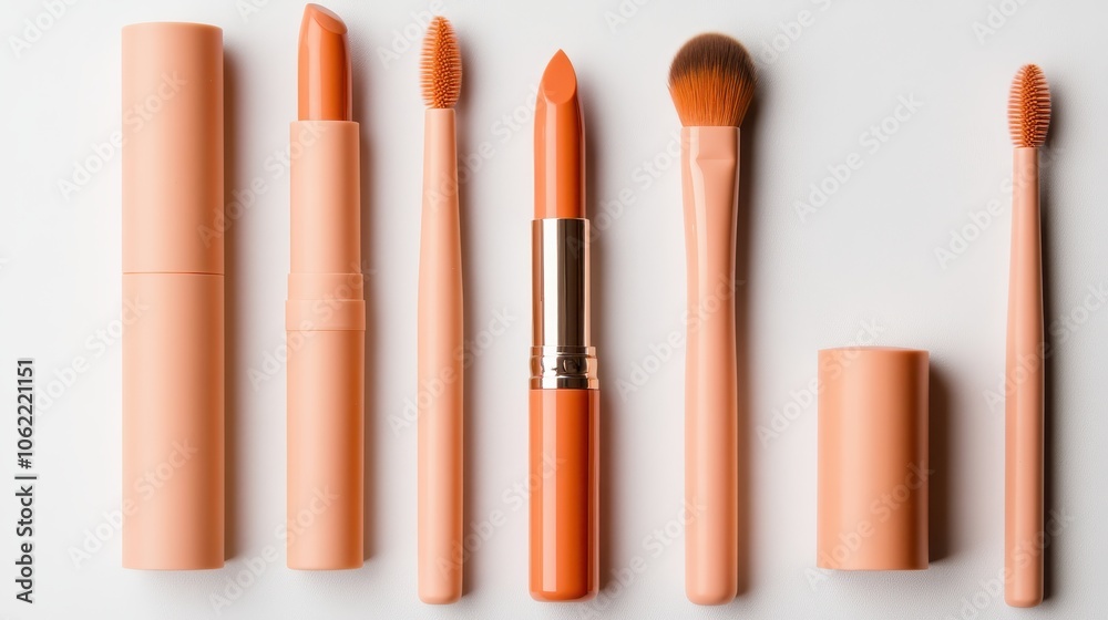Obraz premium Flat Lay of Makeup Tools and Lipsticks in Soft Orange