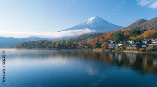 Kolorowa jesień i góry Fuji z poranną mgłą i czerwonymi liśćmi nad jeziorem Kawaguchiko to jedno z najlepszych miejsc w Japonii