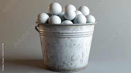white golf balls in an old tin bucket