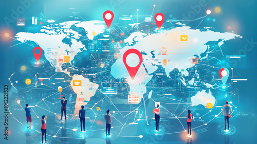 A digital map showing client satisfaction across various regions, with a professional team collaborating on customized CMR strategies for business expansion.  photo