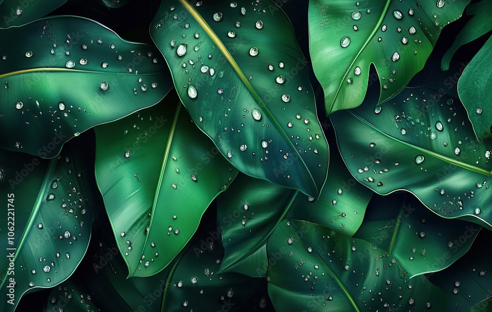 Lush green tropical leaves with water droplets. Lush green tropical leaves with water droplets.