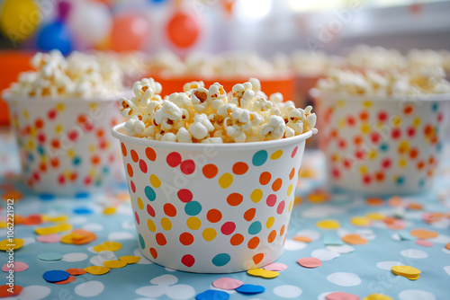 Fun party scene with colorful confetti and popcorn spread across a festive table. photo