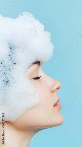 Sulfatefree cleanser foaming on skin close up, focus on, copy space, creating soft, nonirritating lather Double exposure silhouette with chemicalfree elements photo