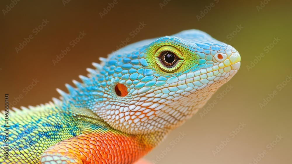 Close-up of a Vibrant, Multicolored Lizard's Head and Neck Close-up of a Vibrant, Multicolored Lizard's Head and Neck