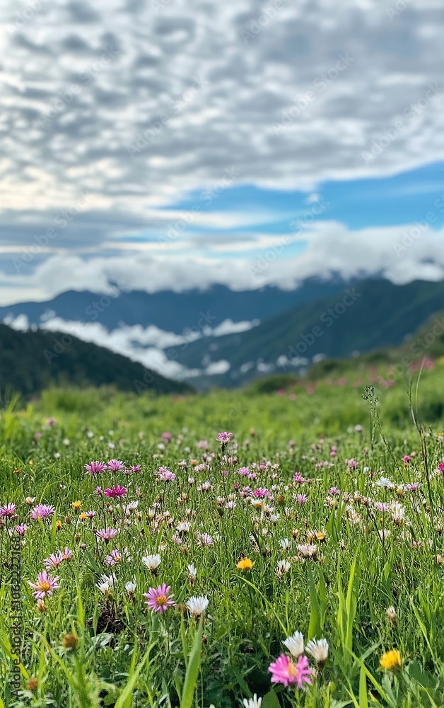 Wildflowers blooming in a mountain meadow with a cloudy sky. Wildflowers blooming in a mountain meadow with a cloudy sky.