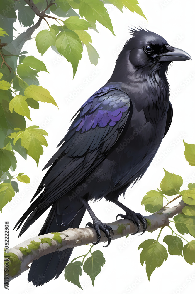 A_cute_raven_sitting_on_branch_with_leaves A_cute_raven_sitting_on_branch_with_leaves