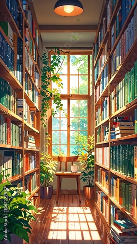 Wallpaper Mural A serene library corner with sunlight streaming through a window, surrounded by bookshelves and plants in a peaceful setting Torontodigital.ca
