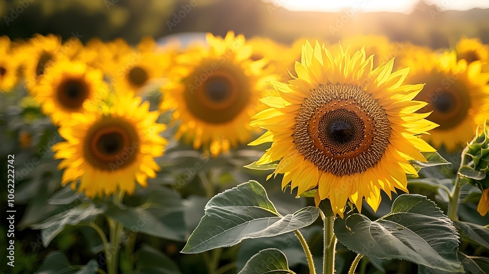 A vibrant close-up of a sunflower in a blooming field at sunset, showcasing its bright yellow petals and dark center, surrounded by a sea of sunflowers basking in warm golden light. A vibrant close-up of a sunflower in a blooming field at sunset, showcasing its bright yellow petals and dark center, surrounded by a sea of sunflowers basking in warm golden light.
