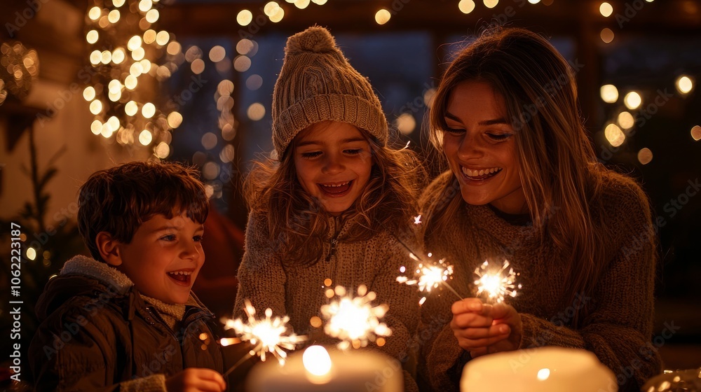 A mother and her two children laugh and smile as they hold sparklers in their hands. The family is celebrating a special occasion, likely a birthday or a holiday