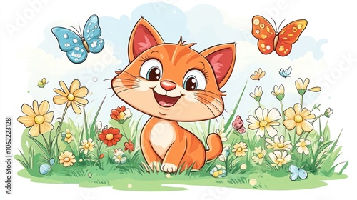 A Cartoon Orange Kitten Sitting in a Field of Flowers with Butterflies. Coloring book illustration.