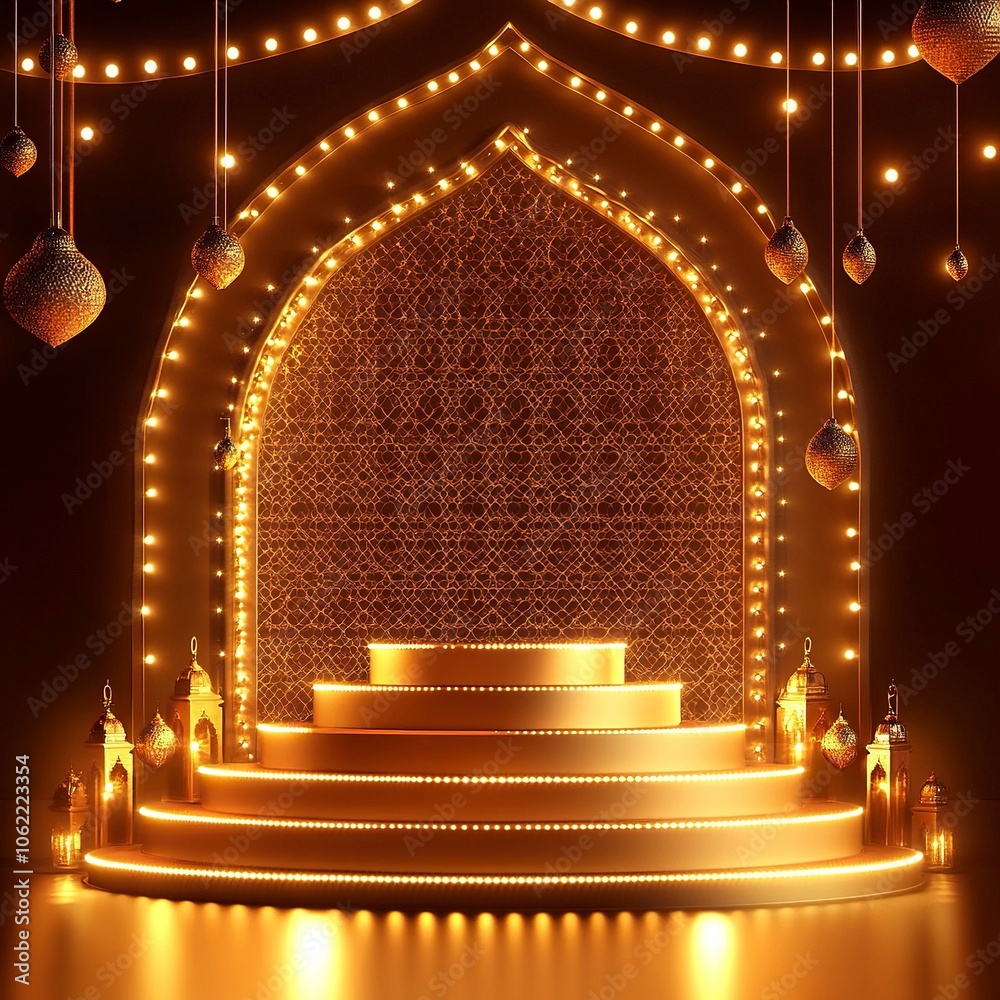 Obraz premium No beauty products place at the front ground and only background indian festival lights in gold, bronze and read colour theme podium ,generative ai
