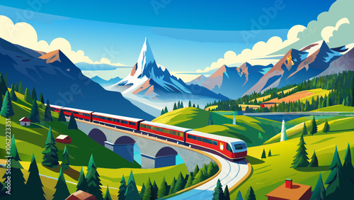 Red train traveling through swiss alps in springtime
